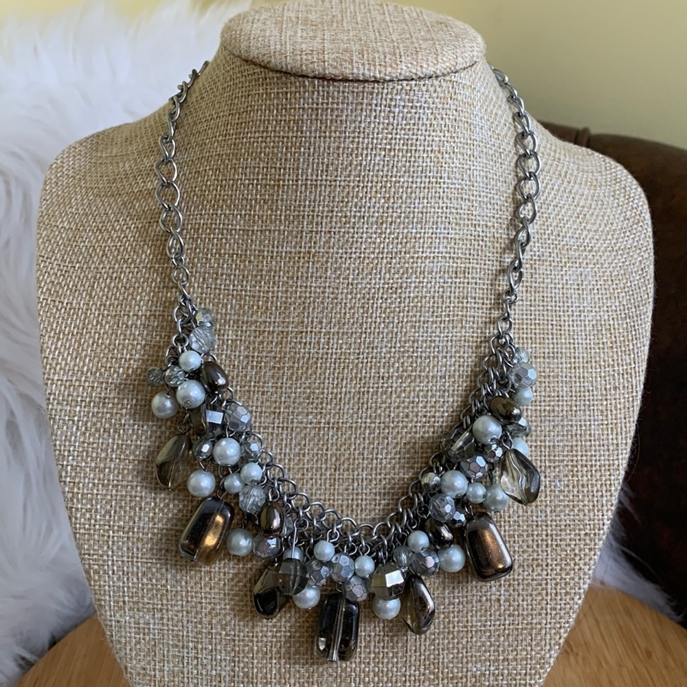 Silver Tone Glass Faux Pearl Beaded Chain Statement Necklace